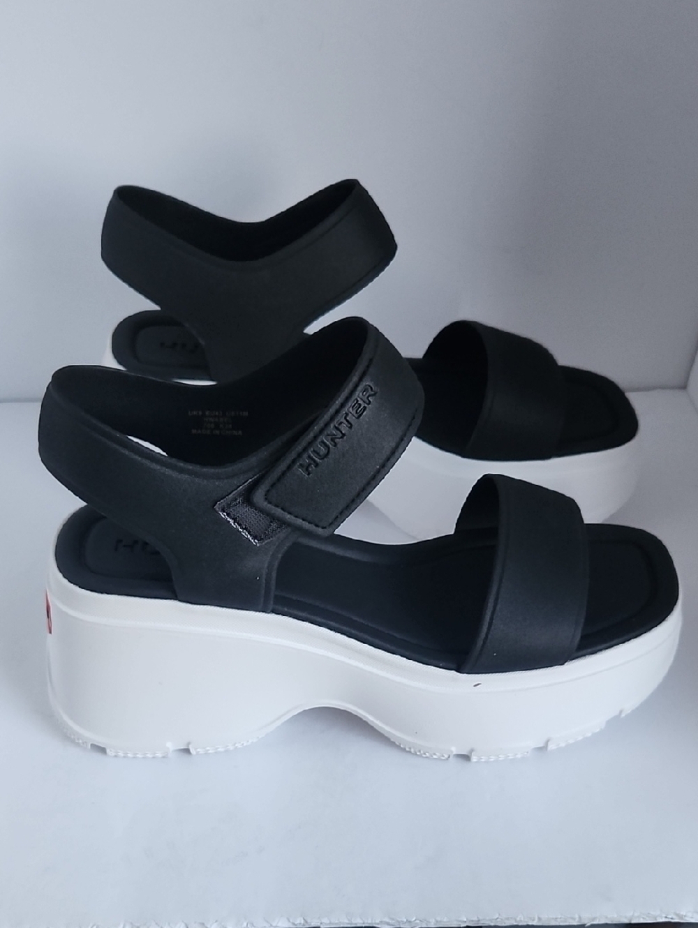 Hunter Black and White Platform Sandals